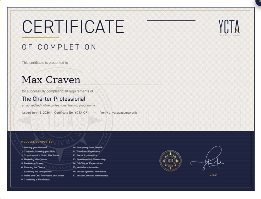 YCTA Certificate of Completion